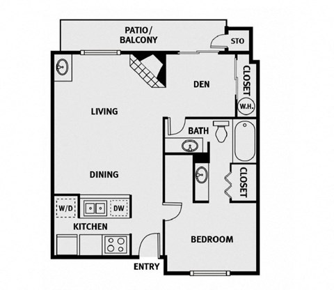 Floor plan for 2 beds, 1 bath, 800 sqft